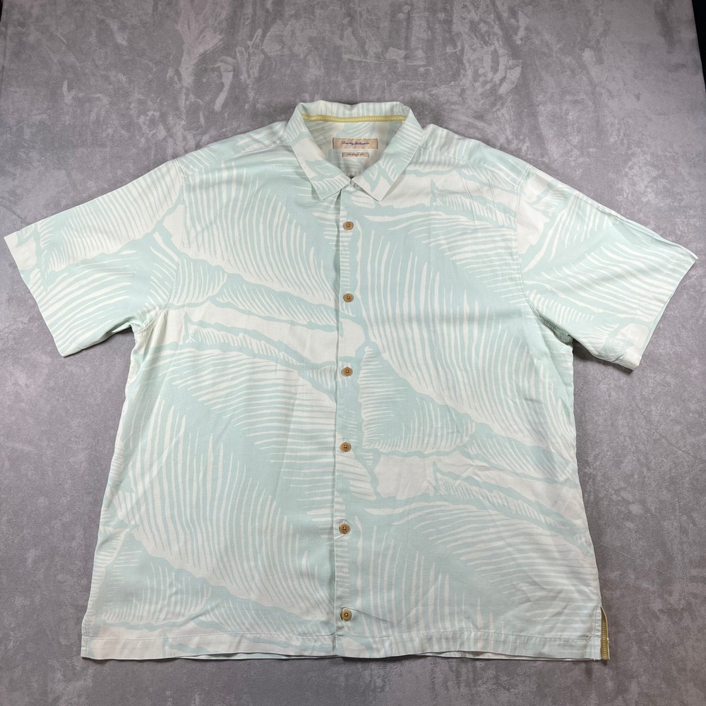 Tommy‎ Bahama Mens XXL Silk Camp Shirt Original Fit Tropical Leaf Seafoam Green